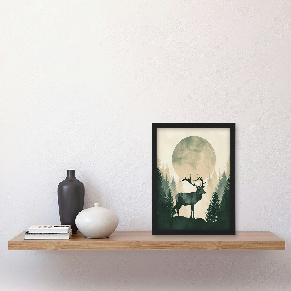 image 1 of Full Moon Forest Hill Stag Green Black Framed Wall Art Print A4
