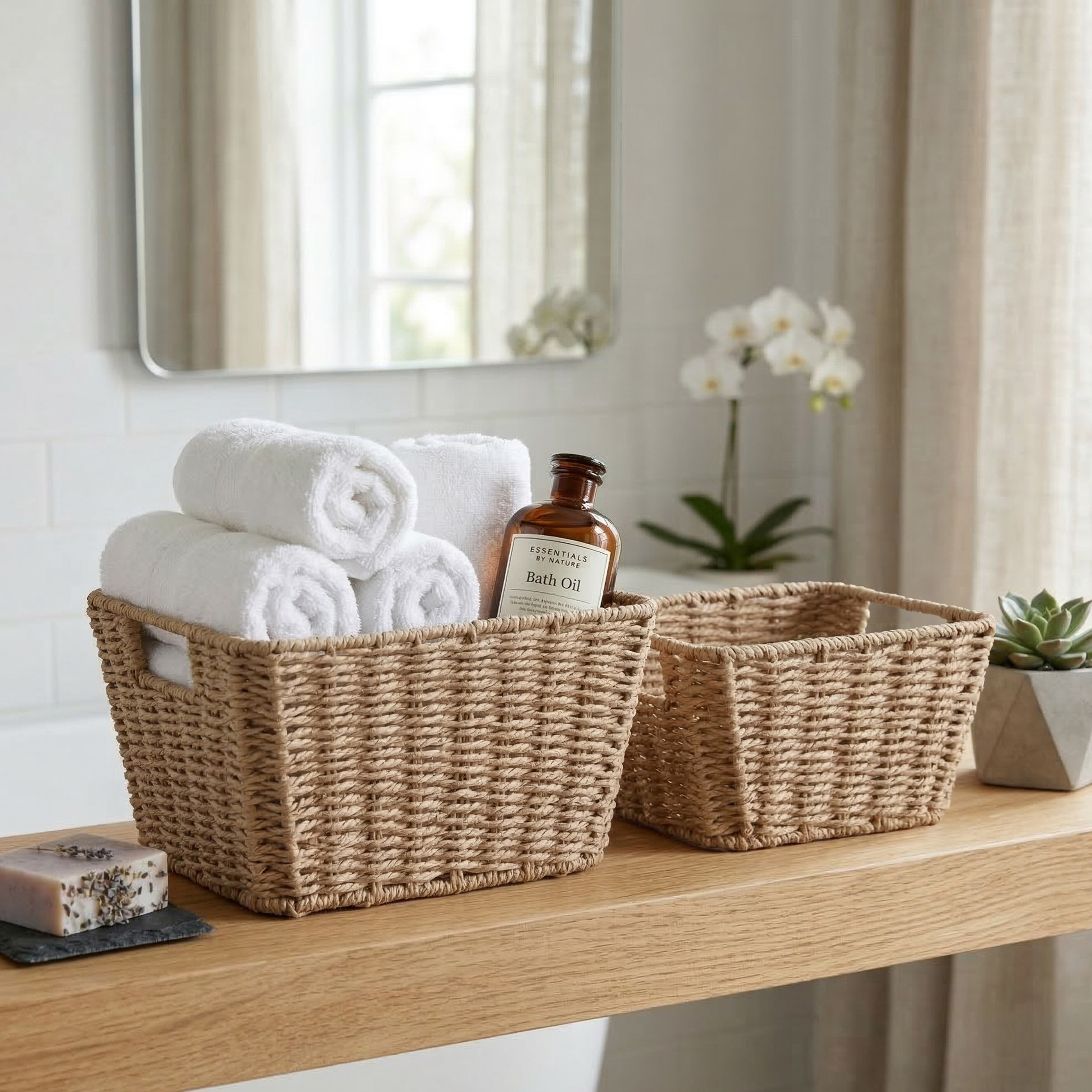 Wickerfield Set of 2 Beige Paper Rope Storage Baskets with Handles, Small or Large
