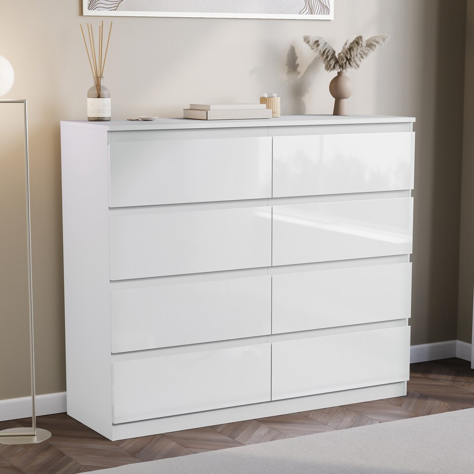 image 1 of Vida Designs Glinton 3 Piece FSC Certified Bedroom Set (2 Drawer Bedside Chest, 8 Drawer Chest, 3 Door 2 Drawer Wardrobe), White | White | White | L | 3