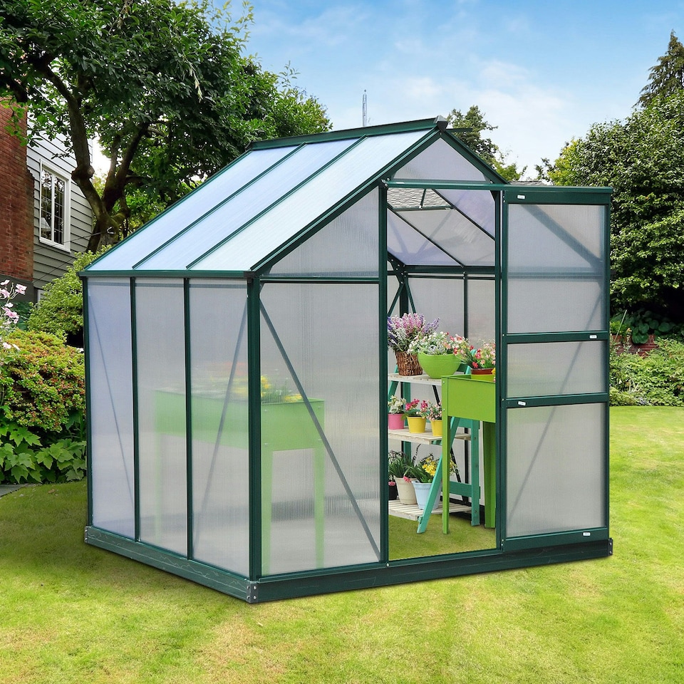 image 1 of Outsunny 6x6ft Walk-In Polycarbonate Greenhouse Plant Grow Galvanized Aluminium | Grey
