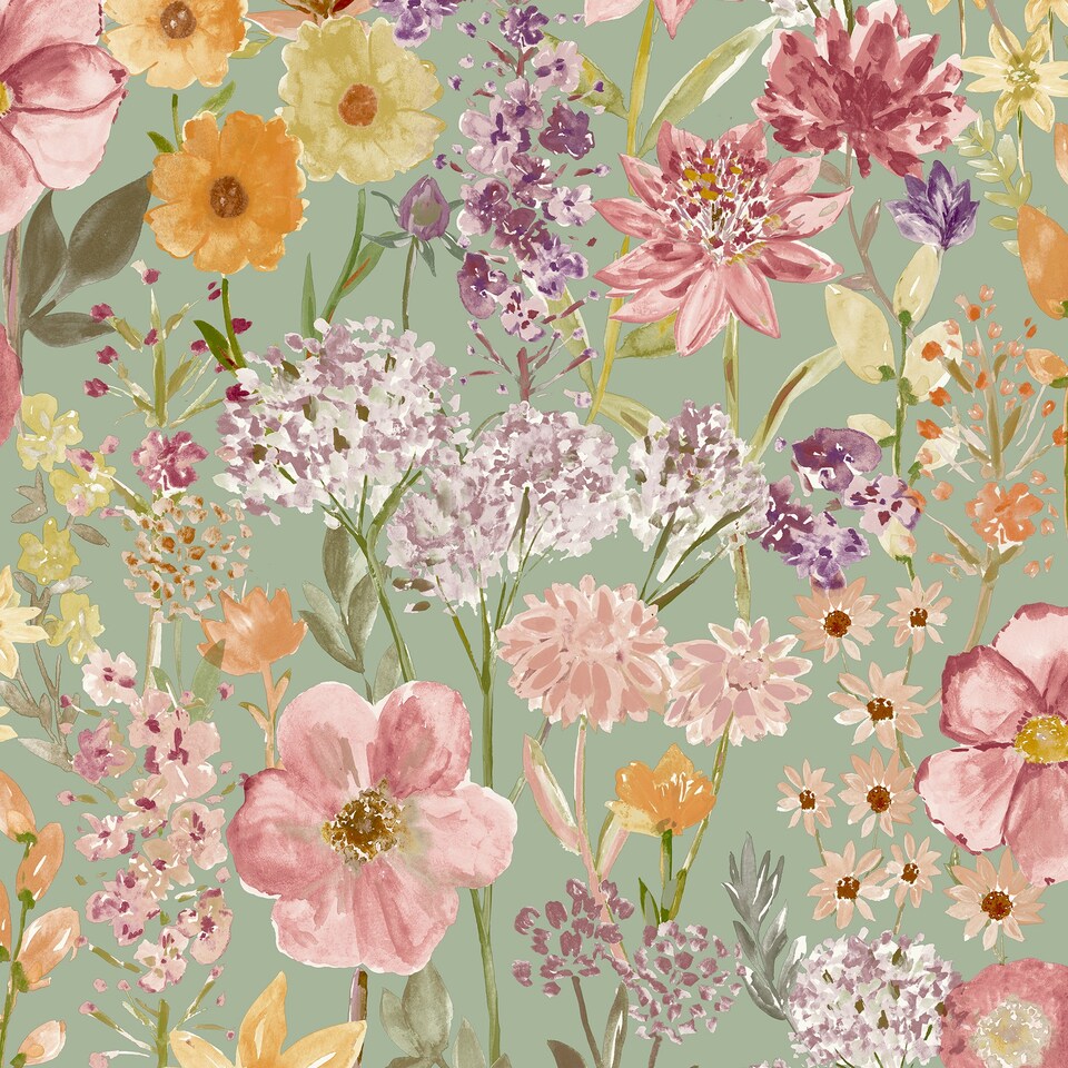 image 1 of Grandeco Spring Wild Flowers Trail Smooth Wallpaper, Sage Green | Green | Sage Green | 5.32