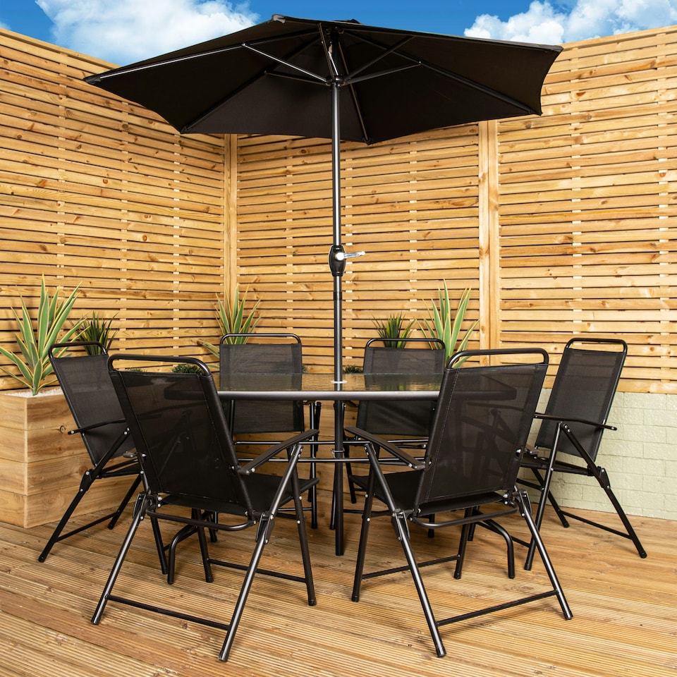 image 1 of Samuel Alexander Outdoor 6 Seater Glass Top Table and Chairs Patio Set with Parasol in Black