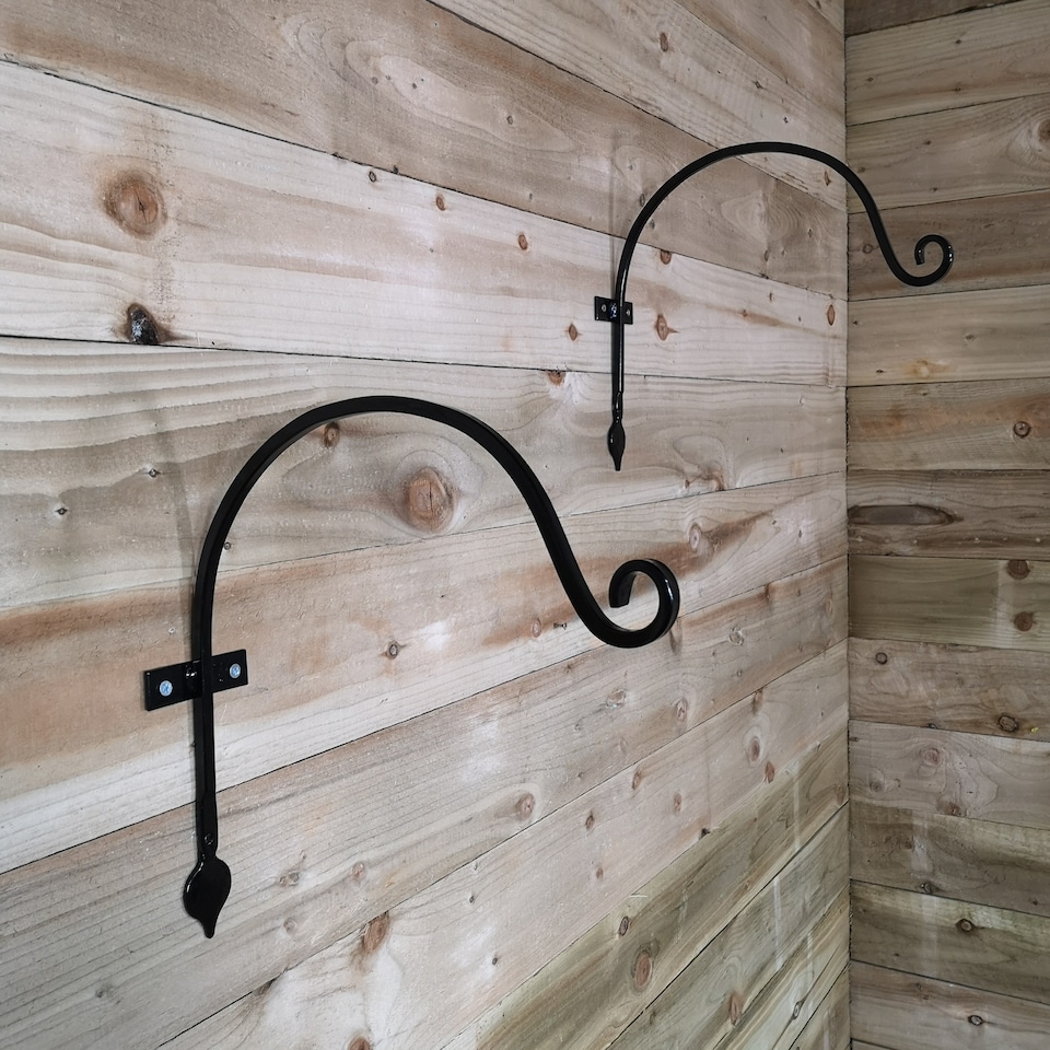image 1 of Pack of 2 Tom Chambers Heavy Duty Handcrafted Metal 38cm Black Wall Bracket Hook For Garden Hanging Basket Bird Feeder | Black | Black
