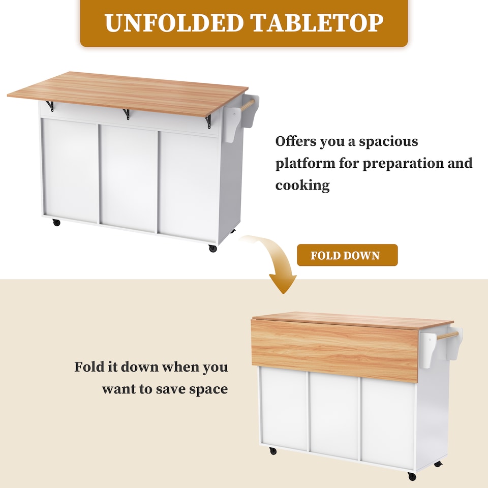 image 1 of VILUXE Mobile Kitchen Island with Foldable Worktop, 2 Drawers, Adjustable Shelves, Towel Rail, Wheels and Solid Wood Feet, White and Natural