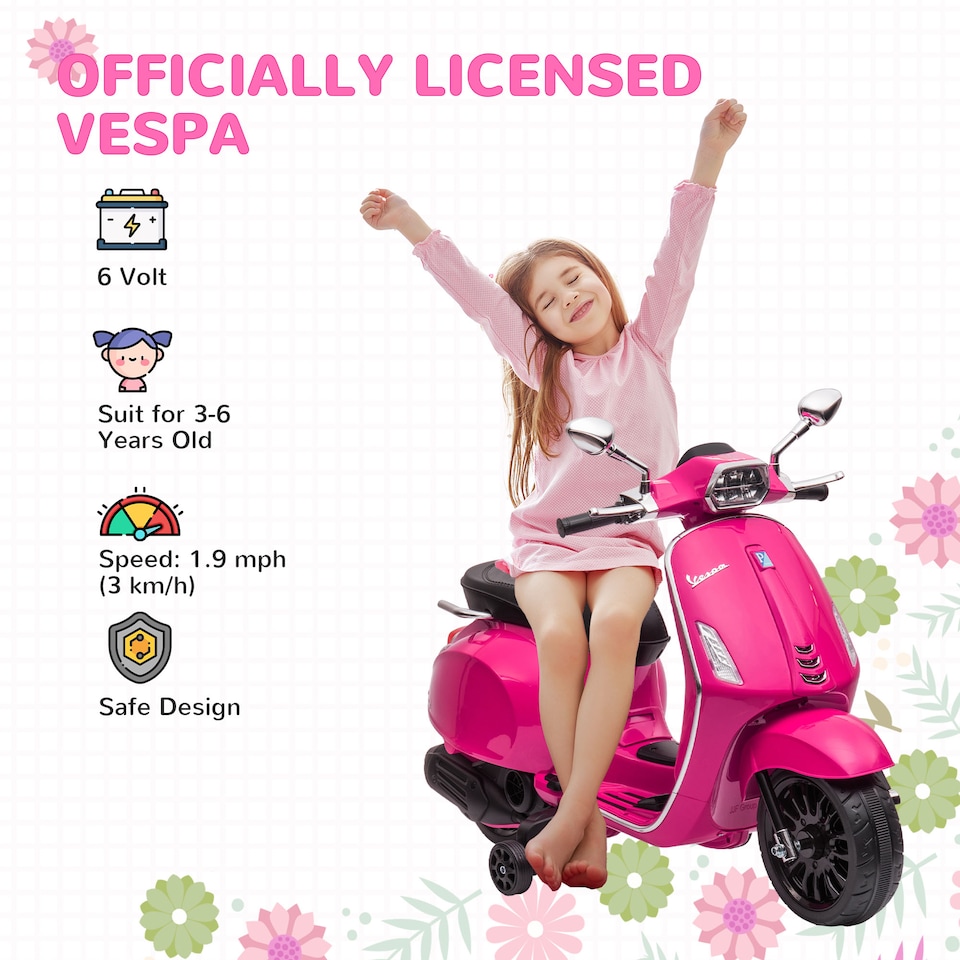 image 1 of AIYAPLAY Vespa Licensed 12V Kids Electric Motorbike w/ Music, Light, Pink