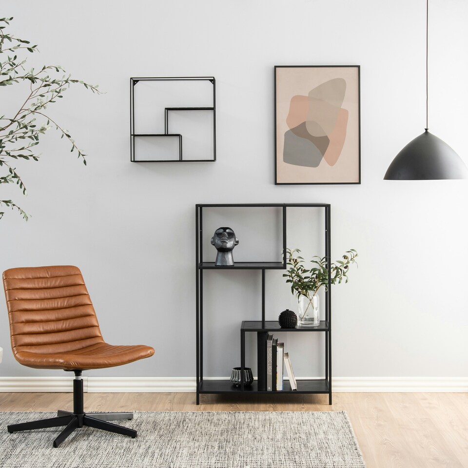 image 1 of Seaford Black Metal Asymmetrical Bookcase with 3 Black Shelves