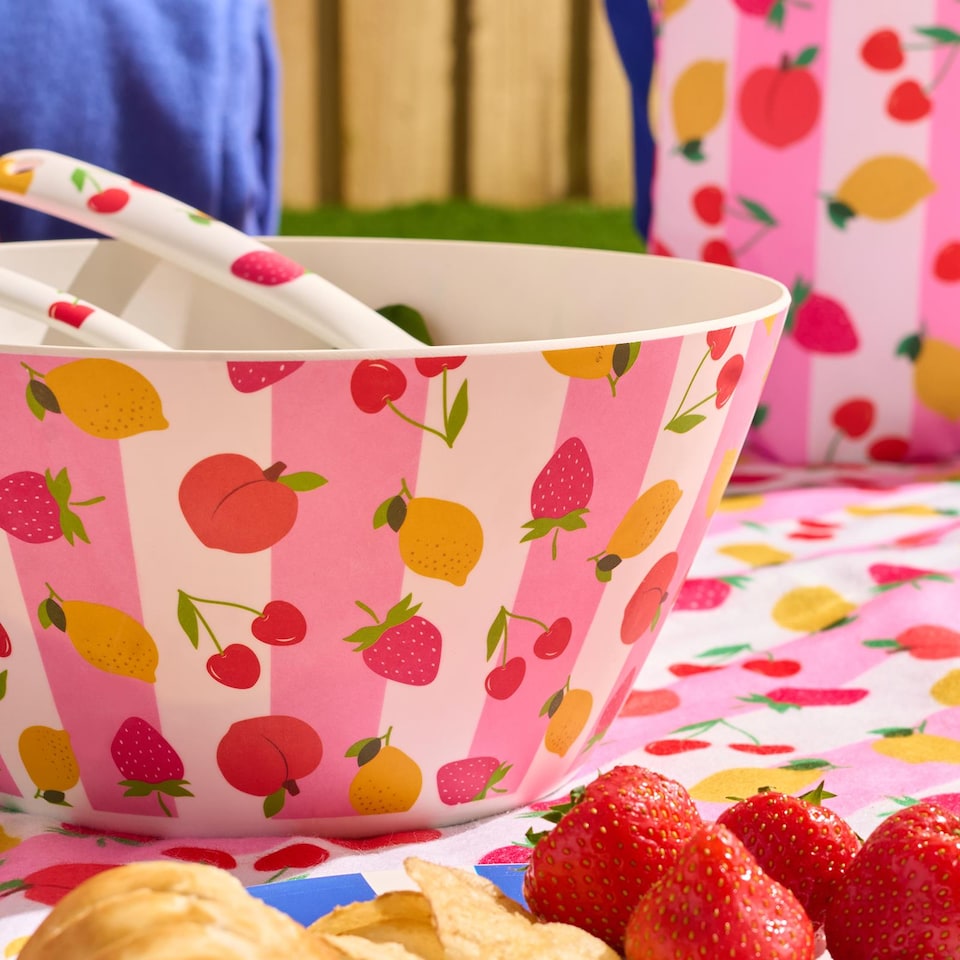 image 1 of OHS Summer Print Plastic Picnic Salad Bowl Utensil Set Lightweight | Pink | Bright Fruits