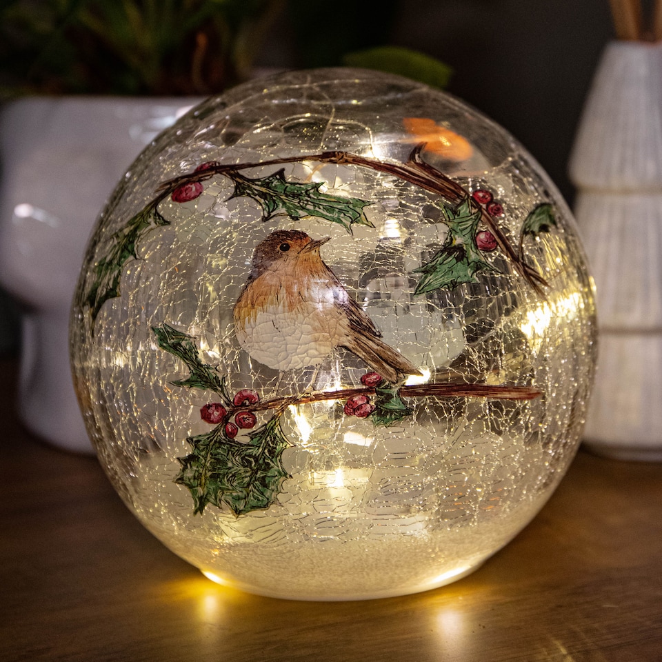 image 1 of 15cm Battery Operated Light up Robin Crackle Glass Ball with 12 Warm White LEDs