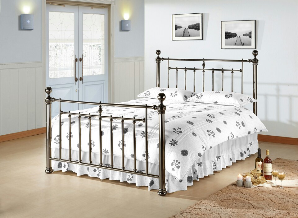 Polished Black Nickel Finish Metal Bed Frame - Double 4ft 6"