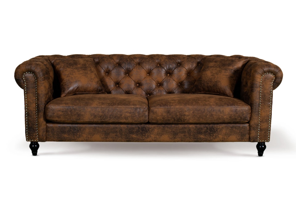 image 1 of Faux Leather Suede Brown 3 Seater Chesterfield Sofa With Wooden Feet CAMDEN
