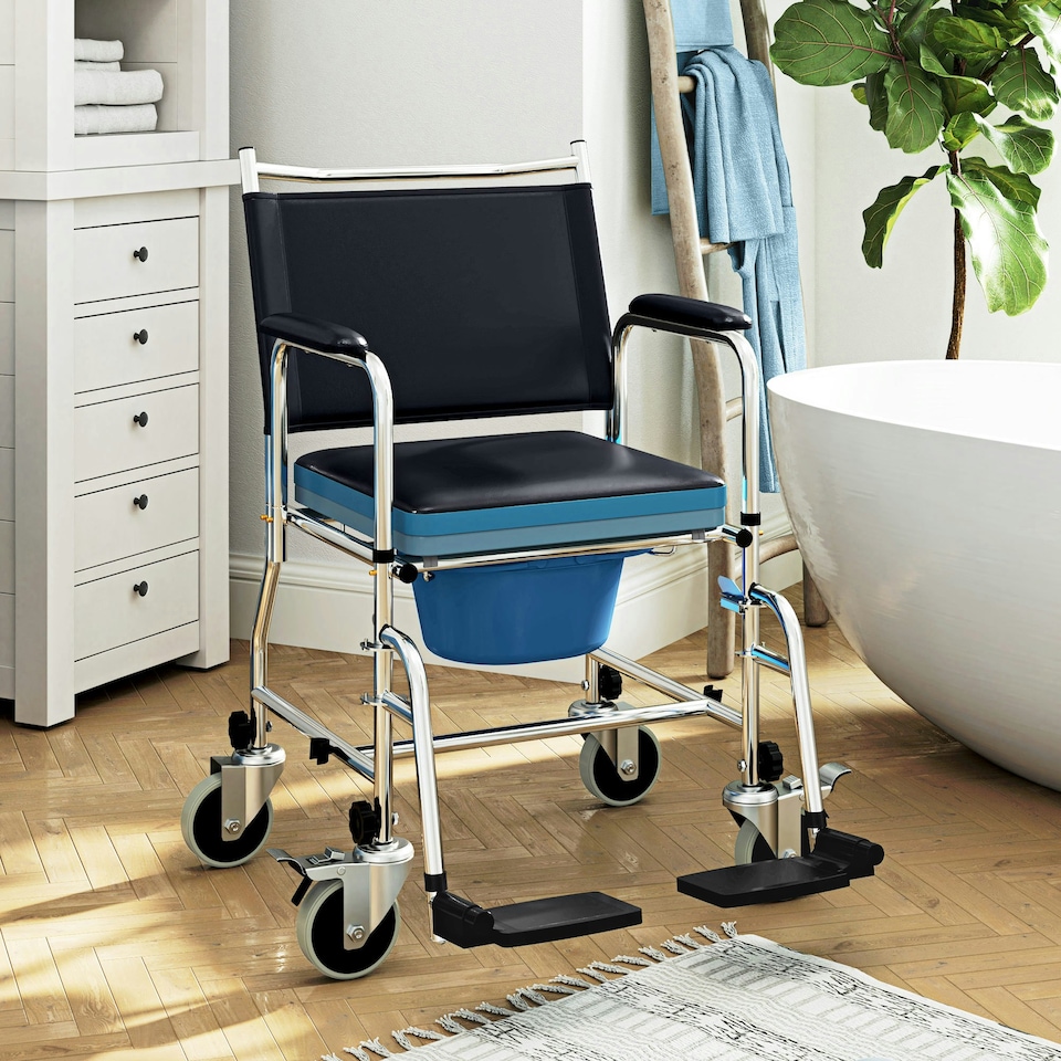 image 1 of HOMCOM Shower Wheelchair, Commode Wheeled Chair with Padded Seat, Backrest