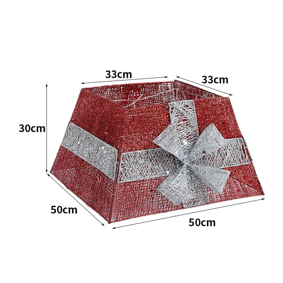 image 1 of Living and Home Square Christmas Tree Collar Skirt Decor with Bow Tie & Lights - Red