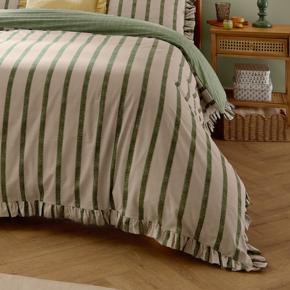 image 1 of Wylder Connie Striped Ruffle Duvet Cover Set | Green | Moss | Single | 1