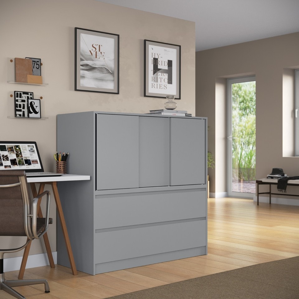 image 1 of 120cm 3 Sliding Door 4 Drawer Bedside Cabinet Storage End Unit Bedroom Furniture | Grey | Grey | 1