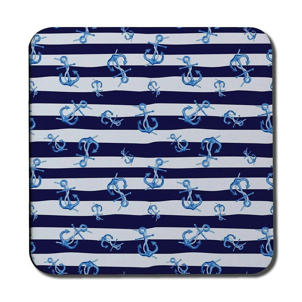 image 1 of Blue Anchors on Navy Striped Background (Coaster)