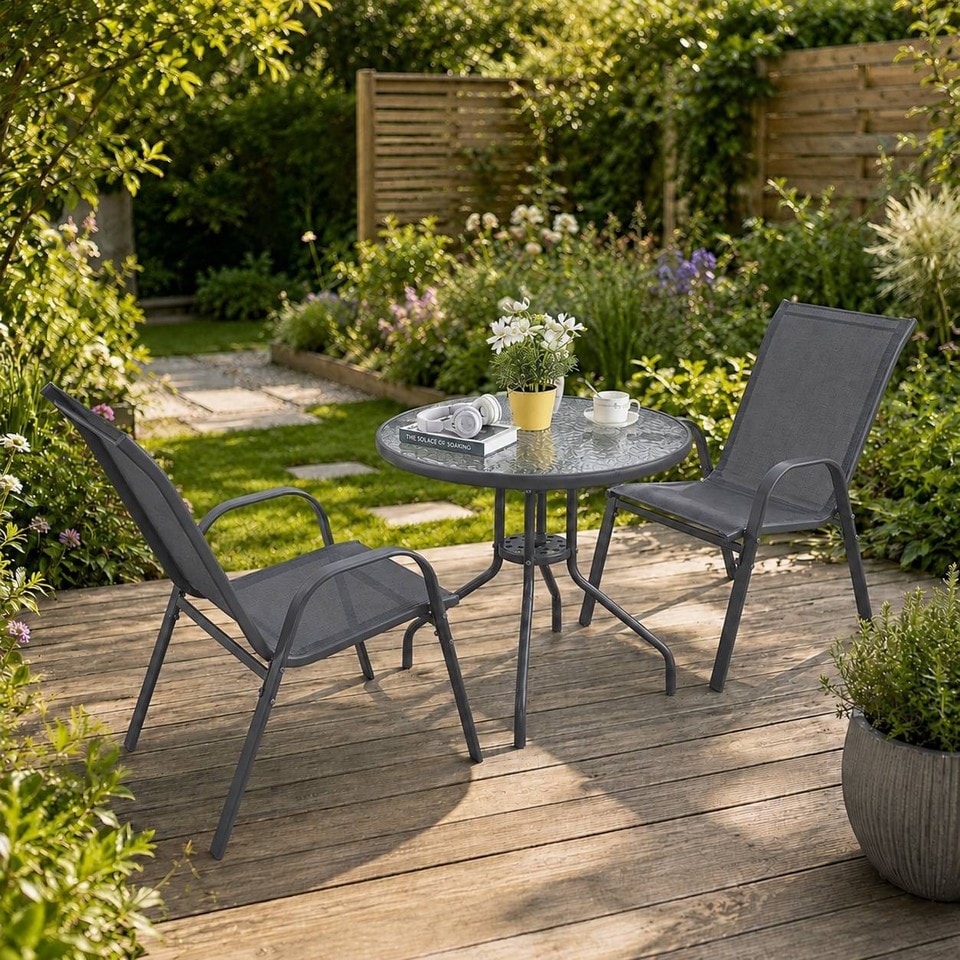 image 1 of 3 Pcs Garden Round Glass Top Table & 2 Chairs Bistro Set