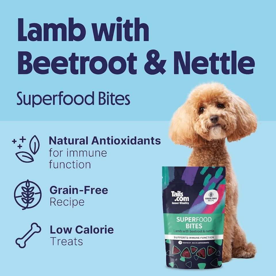image 1 of 10 x 80g Tails.com Inner Vitality Superfood Bites Dog Treats Pouches - Lamb