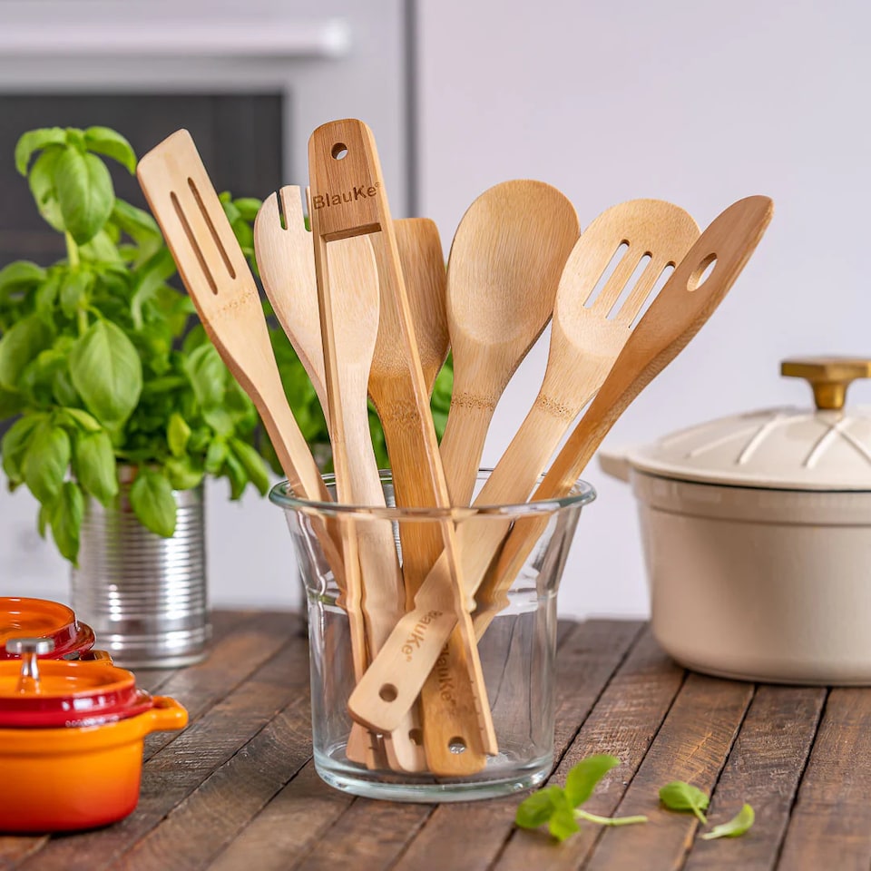 image 1 of BlauKe Wooden Kitchen Utensils Set of 7 - Bamboo Cooking Utensils for Non-Stick Cookware - Wooden Spatulas, Wooden Spoons, Tongs