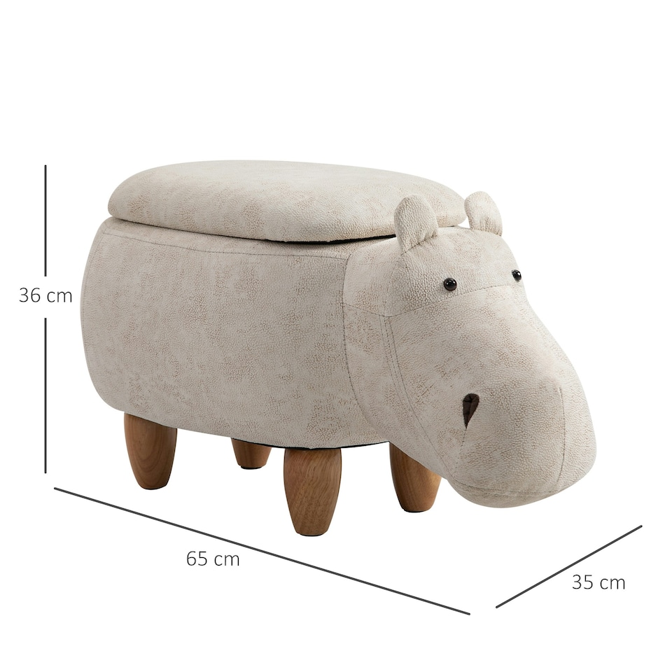 image 1 of HOMCOM Hippo Storage Stool Cute Decoration Footrest Wood Frame Legs Cream