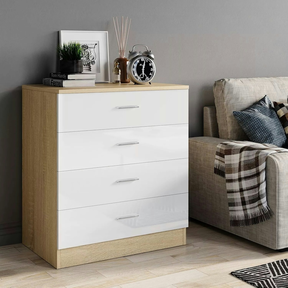 image 1 of Modern 4-Drawer Chest of Drawers High Gloss Finish In Oak and White White | Oak