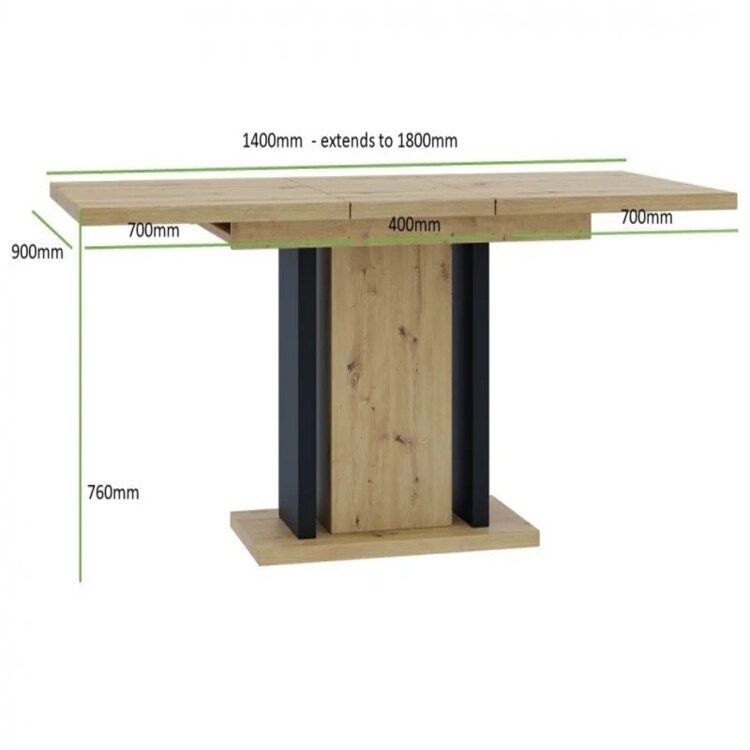 Extendable Dining Table Rectangular 140-180Cm Oak Effect Top Black Pillar Pedestal Leg Seats 6-10 - Wren Pro