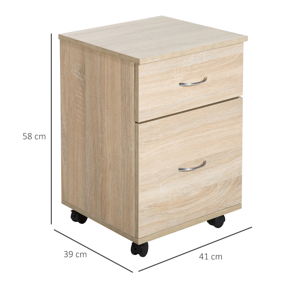 image 1 of HOMCOM 2 Drawer Filing Cabinet with Wheels, Mobile Filing Cabinet for Home Office, Small Printer Stand, Oak