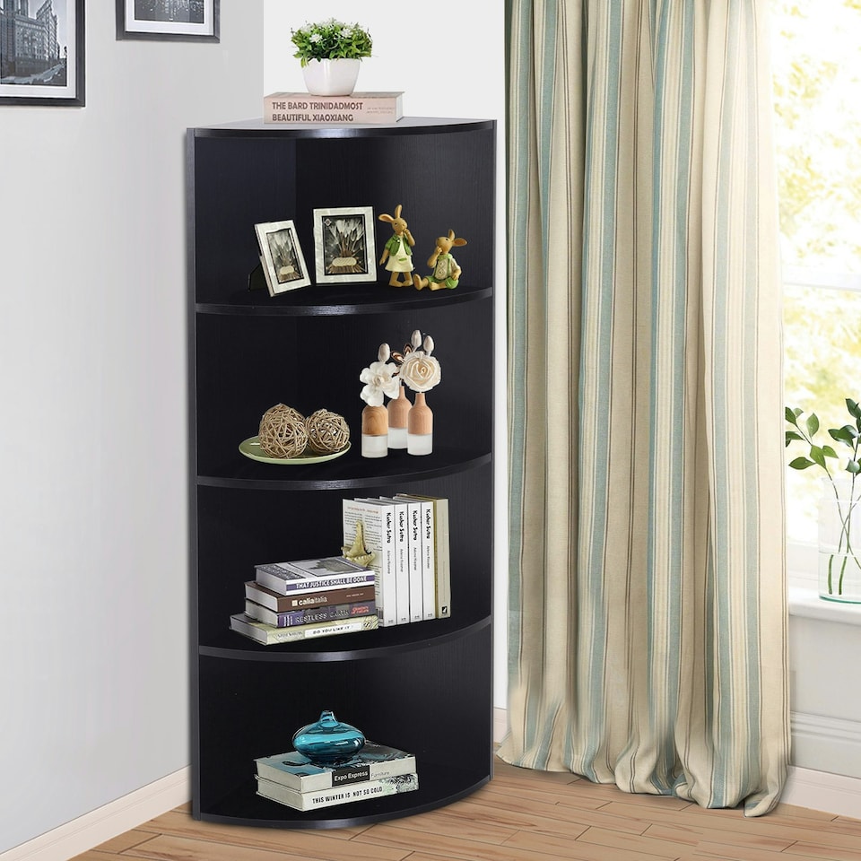 image 1 of HOMCOM 4 Tier Wood Corner Shelf Unit Freestanding Fan Bookshelf Plants Stand