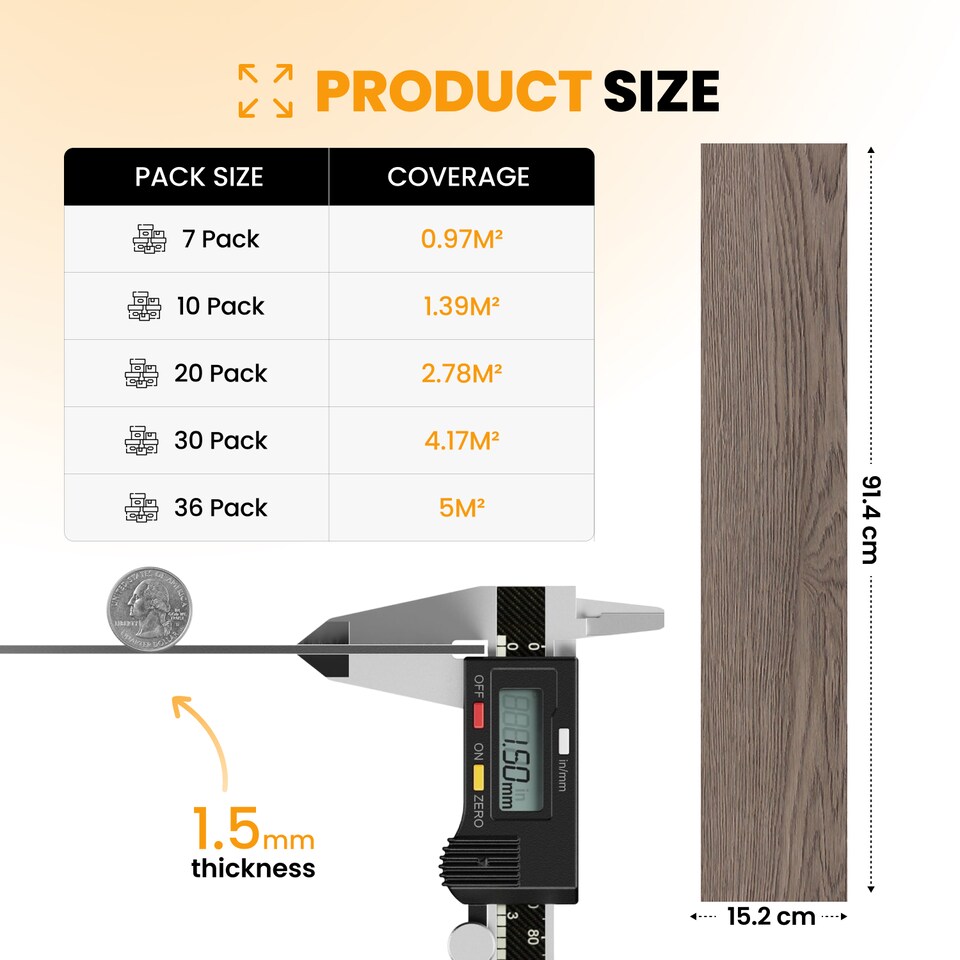 image 1 of Self Adhesive Floor Planks | 5.9x35.9in (91.4x15.2cm) Each | Peel & Stick Vinyl Flooring | Grey Wood Effect | Easy DIY | Stick On Tiles for Home Floors | Grey | 2.78 sqm