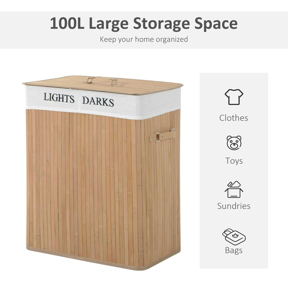 image 1 of HOMCOM 100L Laundry Hamper Large 100L Double Washing Clothes Basket Natural