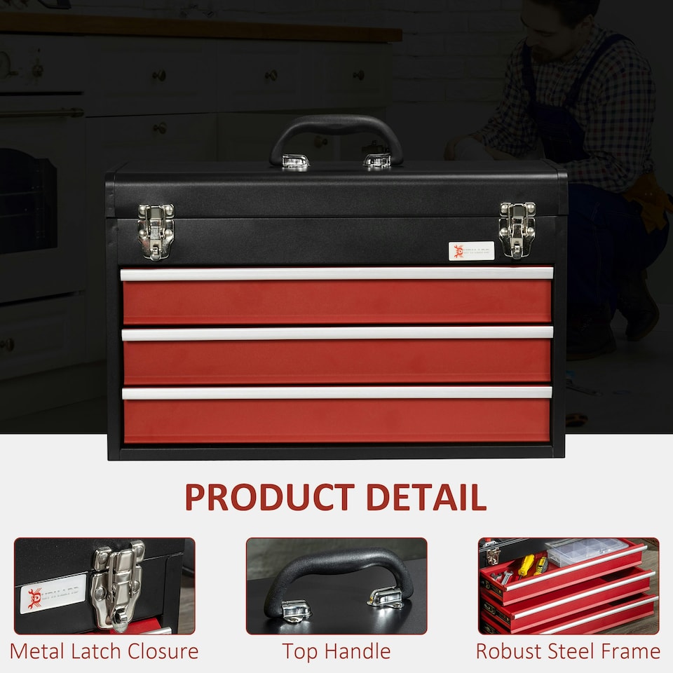 image 1 of DURHAND Lockable 3 Drawer Tool Chest with Ball Bearing Slide Drawers Black | Black | Red | 51cm x 22cm x 32cm | 1