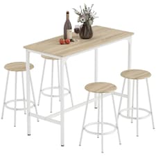 HOMCOM 5 Piece Bar Table and Stools Set with Metal Frame Natural Wood | White | Natural wood and white | Fits up to 4 people