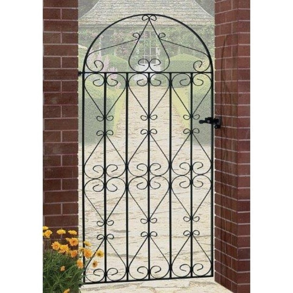 Regent Scroll Tall Bow Top Single Gate - Solid Steel - Fits Gap of 762 mm x 1753 mm High - Electro Galvanised/Black Powder Coated Black