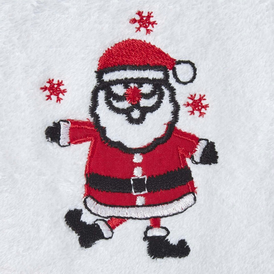 image 1 of Homescapes Santa Embroidered Cotton Small Christmas Towel | White | Hand towel