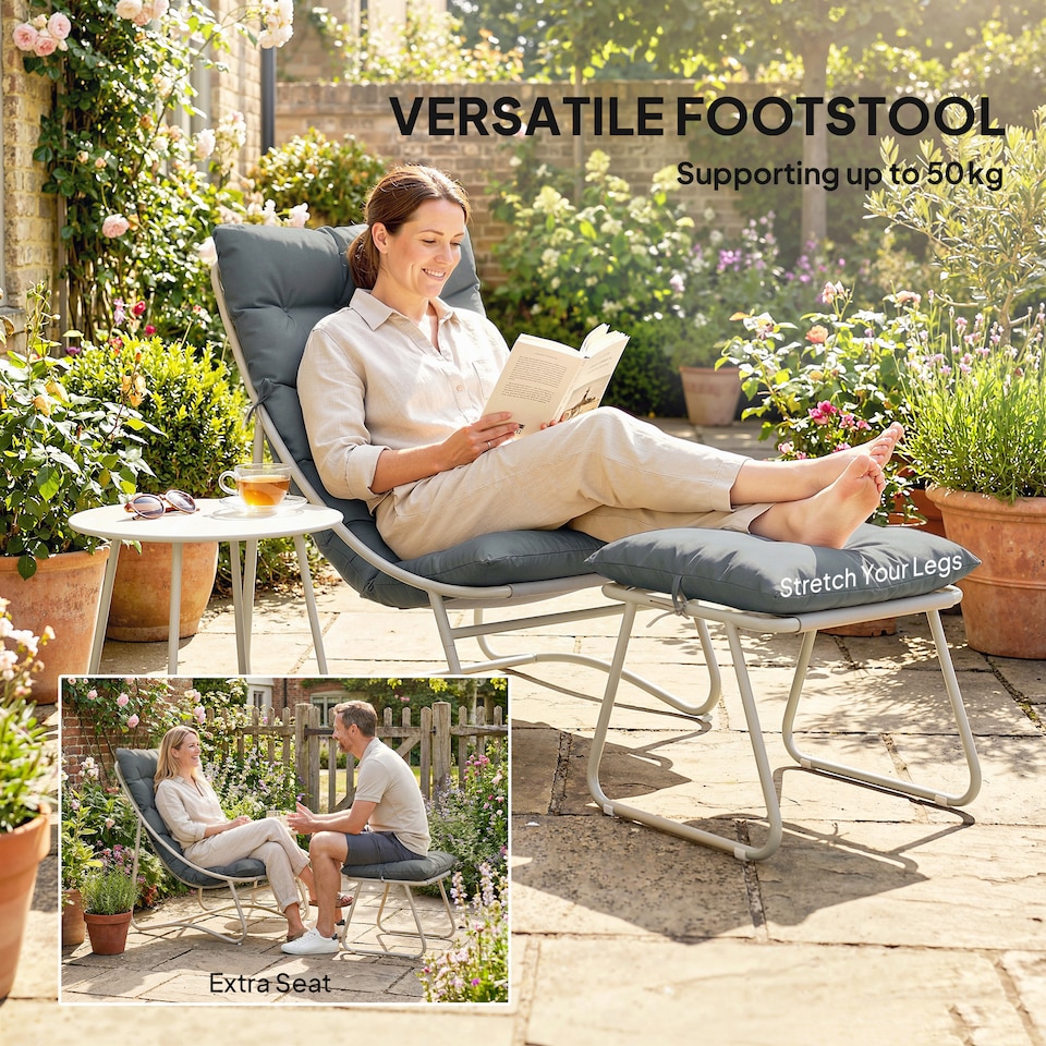 image 1 of Outsunny 3 Piece Bistro Set, Outdoor Table and Chair Set with Footstool | Grey | Dark Grey | Chair: 62x87x86 cm; Table: 46x45 cm; Footstool: 45x45x35 cm