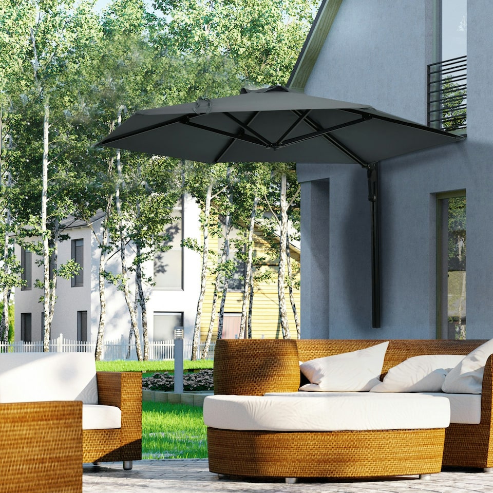 image 1 of Outsunny Wall-Mounted Parasol Patio Umbrella with Hand Dark Grey