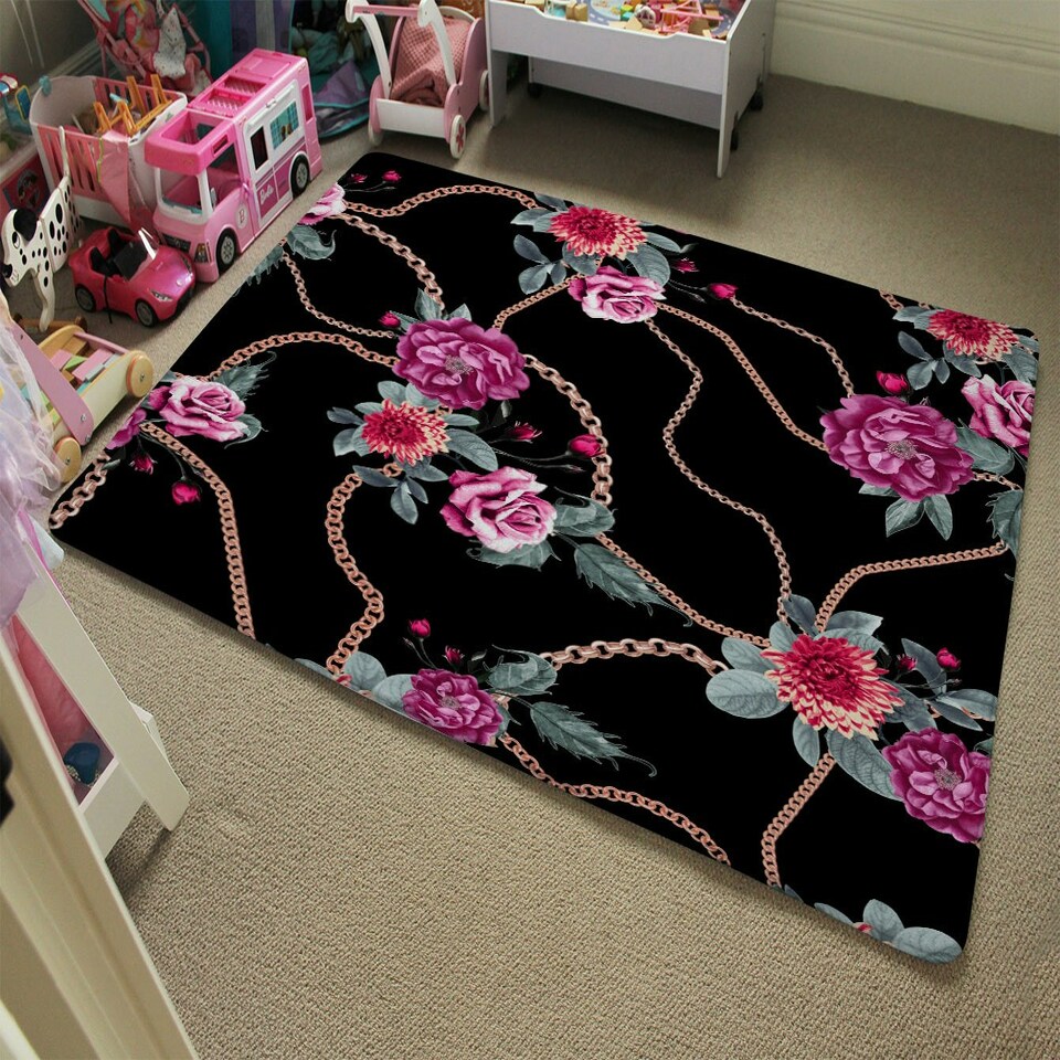 image 1 of Chain and Flowers Pattern (Rug) Black | Medium: 80x150cm