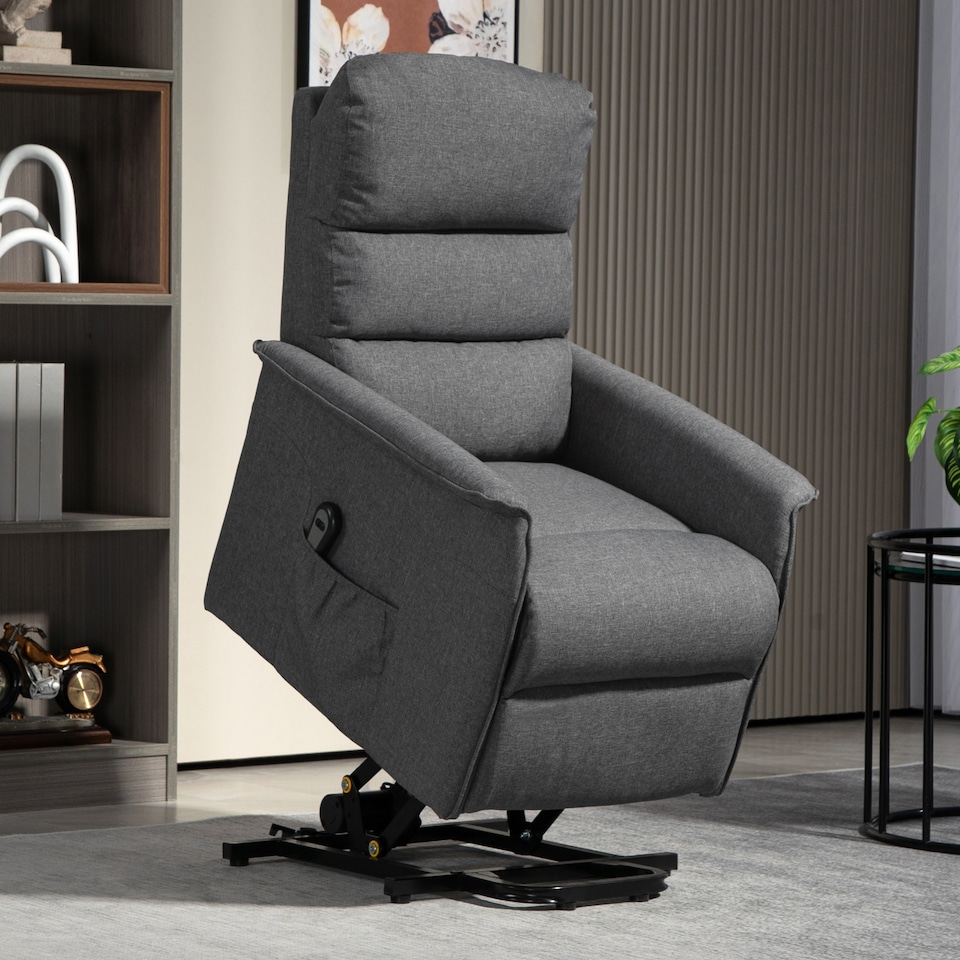 image 1 of HOMCOM Power Lift Recliner Chair, Electric Lift Chair for Elderly, Fabric Riser and Reclining Armchair with Remote Control, Side Pockets, Footrest, for Living Room, Dark Grey | Grey | Dark Grey