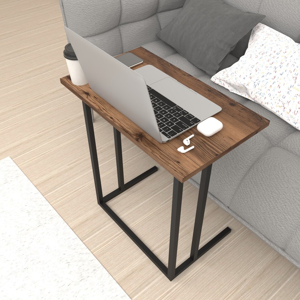 image 1 of Wood Laptop Table, Home Office Portable Computer Stand C-Shape With Metal Legs | Black | Burnt Oak