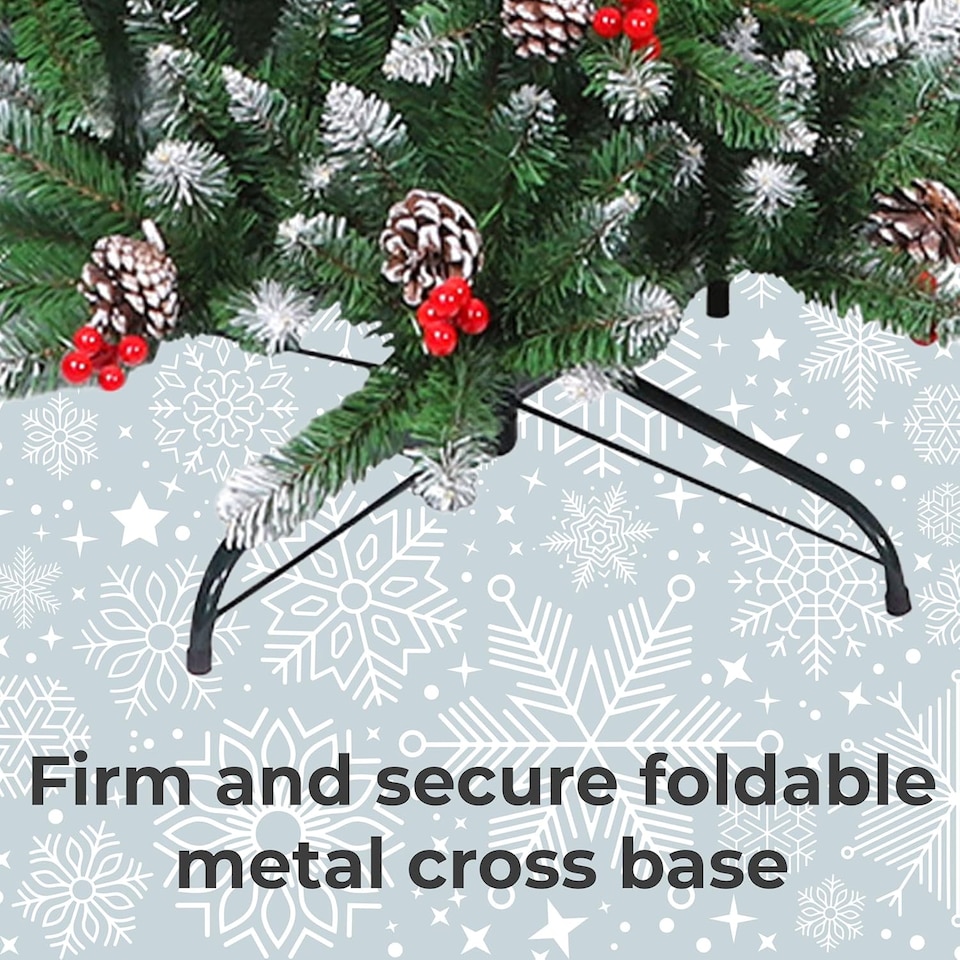 image 1 of Neo 2.1 m 7 ft Christmas Xmas Tree Flocked Snowy Effect Fake Pine Cone Red Berries Metal Stand Flocked Tips | Green