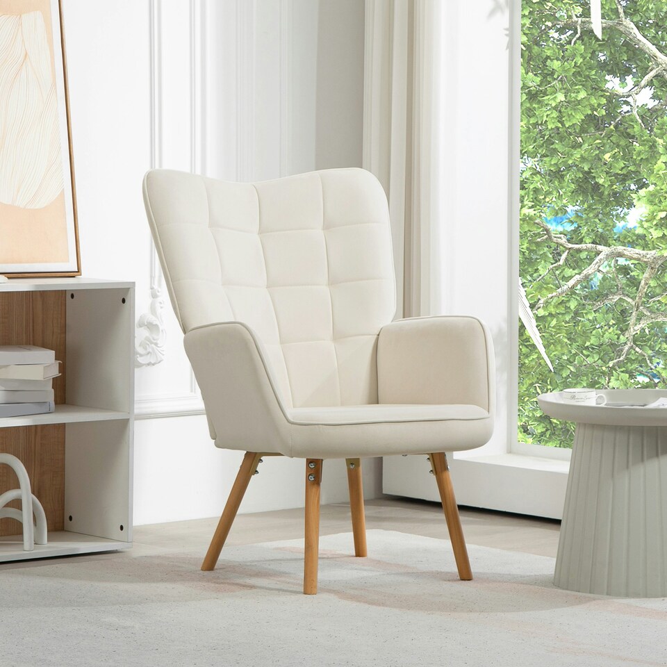 image 1 of HOMCOM Upholstered Tufted Wingback Armchair with Seat Padding, Cream White