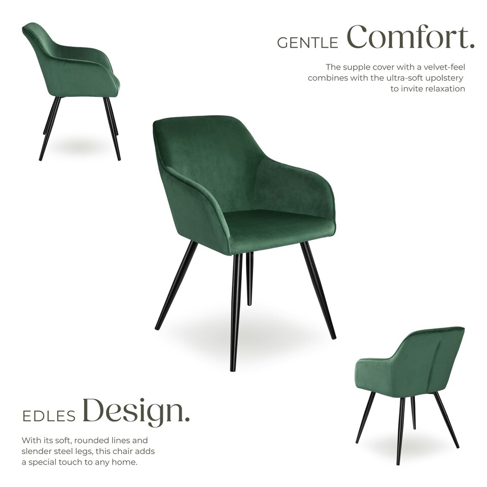 image 1 of Dining Chair Marilyn - with armrests, padded, velvet look, black steel legs - Set of 8 Green | Dark Green/Black