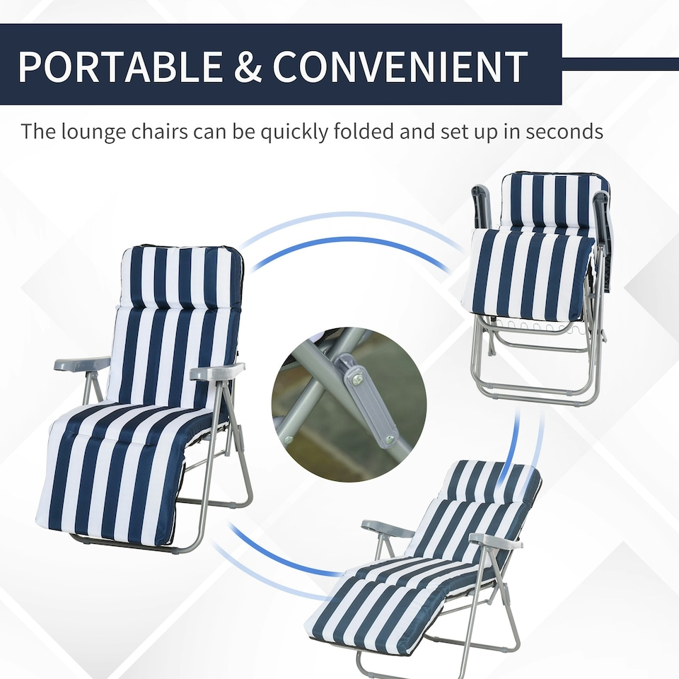 image 1 of Outsunny Set of 2 Folding Sun Lounger Recliner Chairs Daybed Cushion Blue White