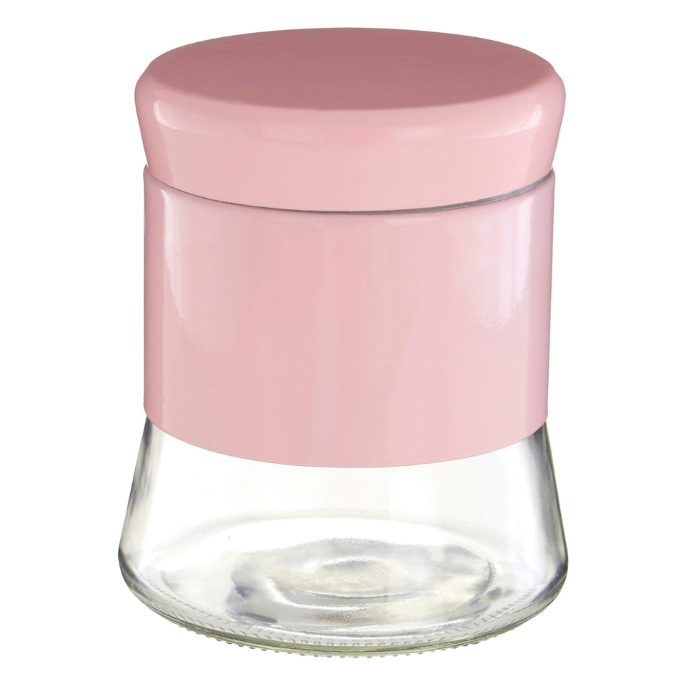 image 1 of Interiors by Premier Pink Steel Wrap Glass Storage Jar, 800ml Capacity, Modern Design with Grey Steel Lid, Kitchen Storage