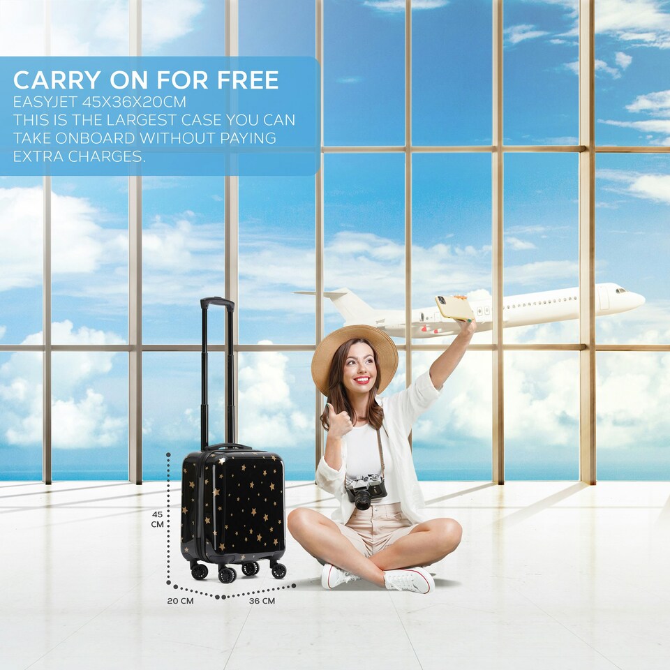 image 1 of Flight Knight Carry On Suitcase - 8 Wheel TSA Lock USB Port - Anti Crack Case Hard Luggage Approved for easyJet, Jet2, BA Black | Black/Gold Stars | Cabin Bag
