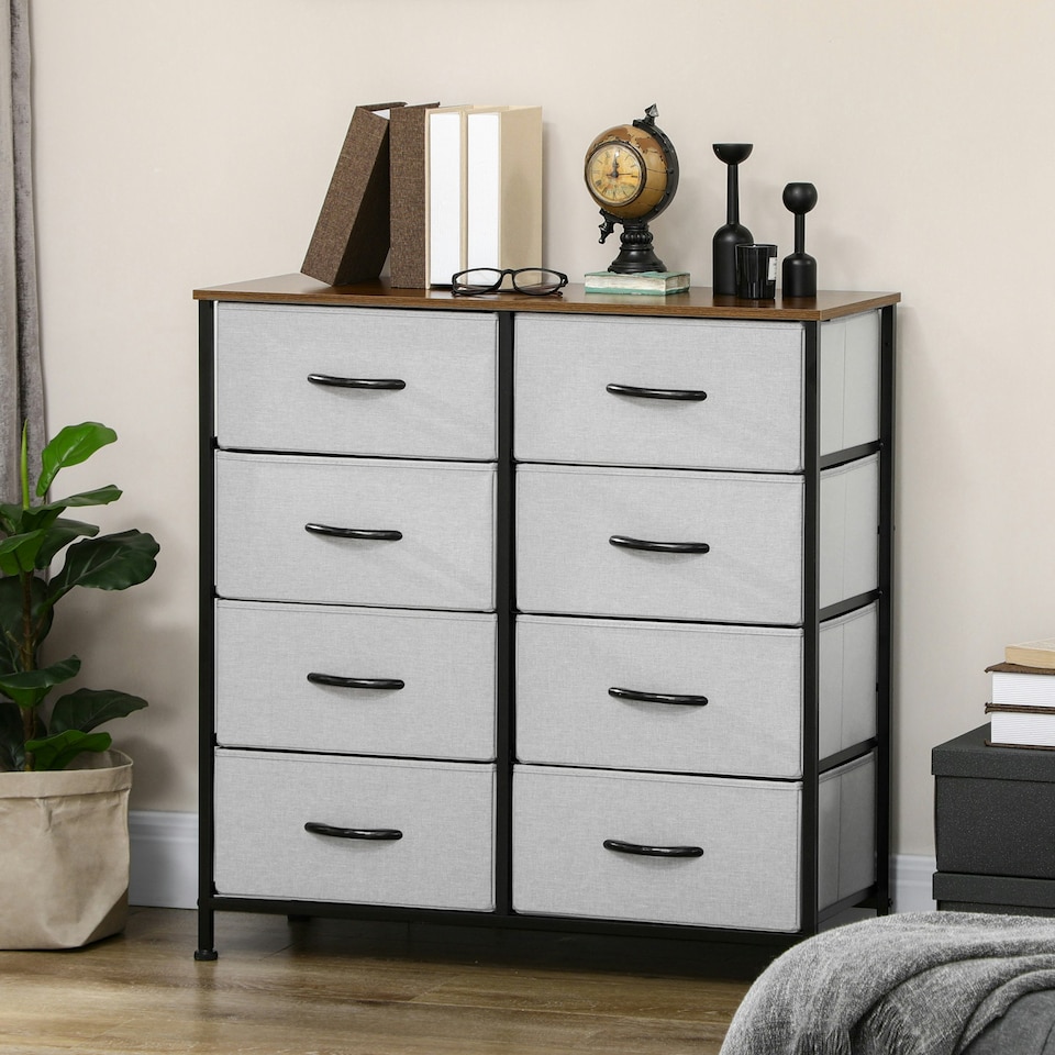 image 1 of HOMCOM 8 Drawer Fabric Chest of Drawers w/ Wooden Top for Hallway Grey
