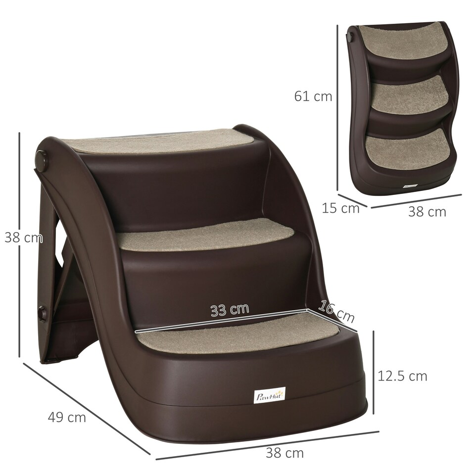 image 1 of PawHut Foldable Pet Stairs 3 Steps with Non-slip Mats for Small Dogs, Brown
