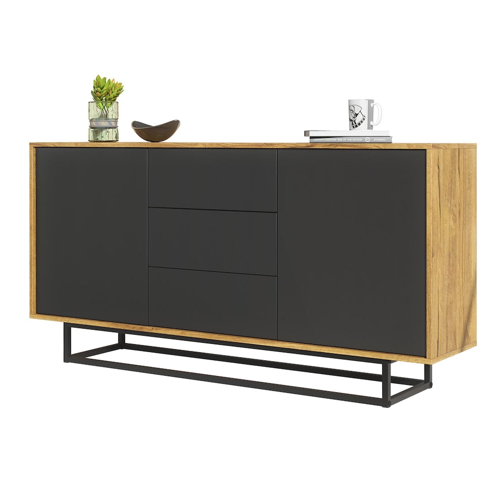 image 1 of Sideboard Cabinet Chest of Drawers Storage Cabinet Oak Black Industrial Loft 140cm