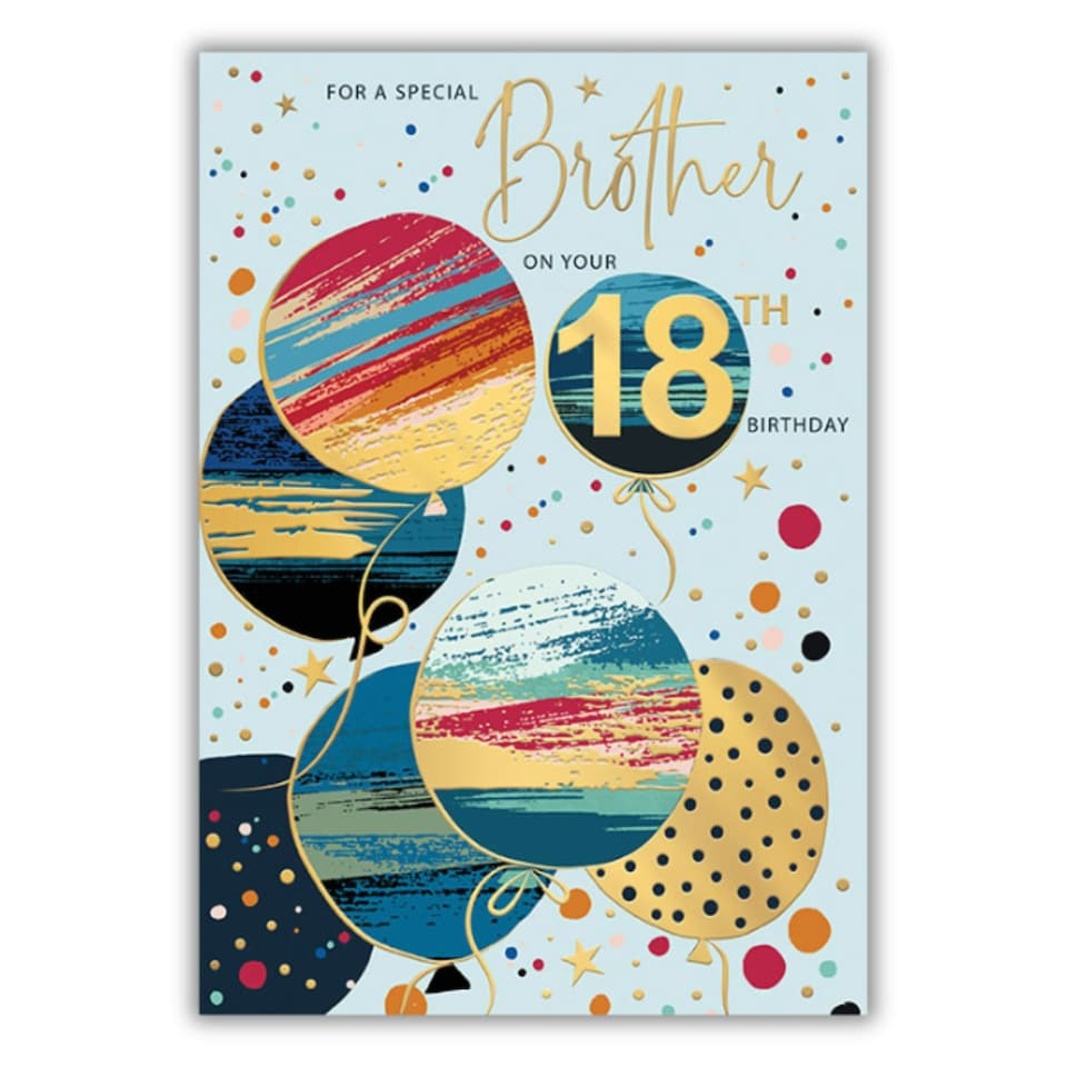 Words 'n' Wishes Brother 18th Birthday Card - Happy Birthday Card for Men Age 18 with Contemporary Balloons Design with an Embossed Foil Finish