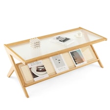 COSTWAY 2-Tier Rectangular Coffee Table with Glass Tabletop Brown