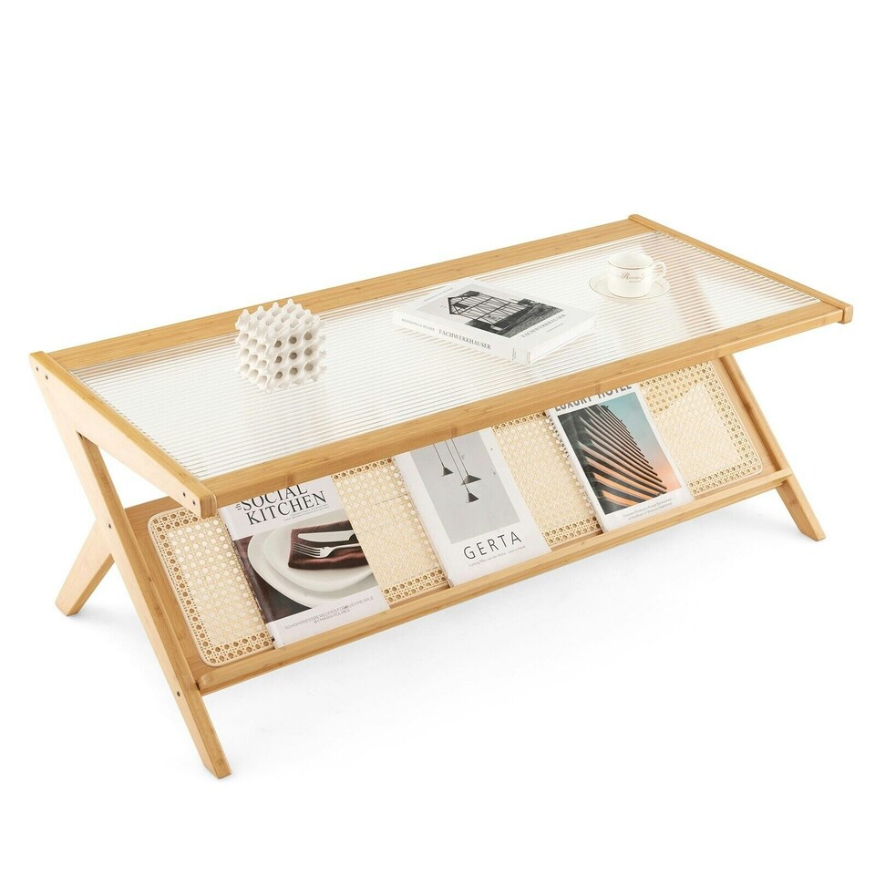 image 1 of COSTWAY 2-Tier Rectangular Coffee Table with Glass Tabletop Brown